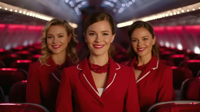 Inside modern aircraft cabin, three air hostesses stand in perfect formation with welcoming posture, behind them rows of plush seats and glowing reading lights