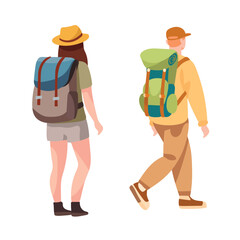 People tourist with bag, Forest travel, Camping. Flat vector clipart, illustration with isolated background.
