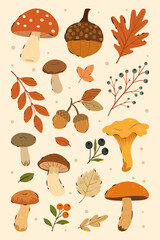 Cozy autumn clipart collection featuring hand-drawn mushrooms, acorns, berries, and fall leaves in warm earthy tones