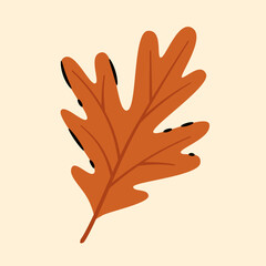 A stylized illustration of a single oak leaf in a rich, warm orange-brown hue, featuring subtle dark accents  