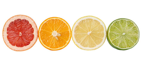 Fototapeta premium Four citrus fruit halves in a row isolated on transparent background