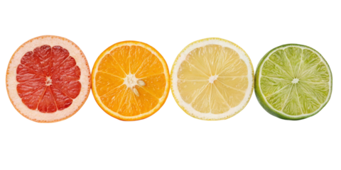 Four citrus fruit halves in a row isolated on transparent background