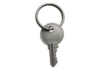 Metallic key hanging on ring, representing security access against neutral transparent backdrop
