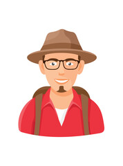 Man tourist with bag, Forest travel, Camping. Flat vector clipart, illustration with isolated background.