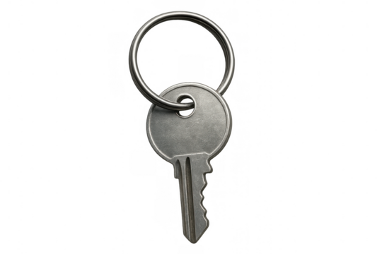 Metallic key hanging on ring, representing security access against neutral transparent backdrop