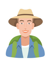 Man tourist with bag, Forest travel, Camping. Flat vector clipart, illustration with isolated background.