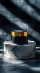 Elegant black cosmetic jar with gold lid on marble pedestal under dramatic light and shadow