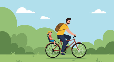 Naklejka premium Father cycling with daughter on a bike, concept for Father's Day celebrations and family activities