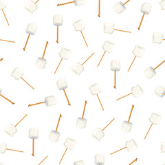 Marshmallow on a stick seamless pattern. Flat vector clipart, illustration with isolated background.