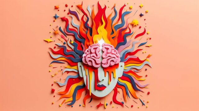 Abstract artwork of a colorful brain with flames illustrating emotions  