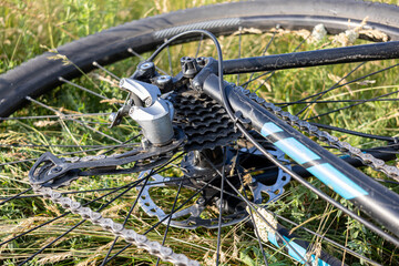 Close-Up of Bicycle Rear Derailleur and Gear System Outdoors