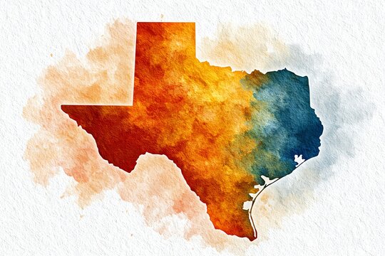 grunge watercolor map of Texas with desert-inspired hues and rough brush textures, no symbols, artistic style