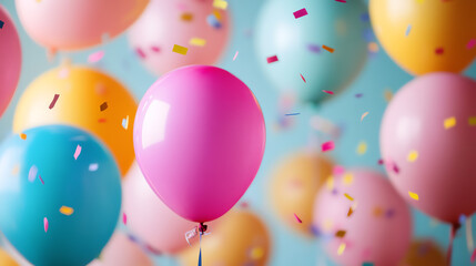 Birthday party scene with confetti and balloons