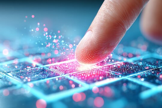 macro of futuristic touchscreen hologram with finger interaction, glowing grid interface and digital particles in motion