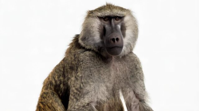 Close up of a olive baboon monkey posing in a studio with a white background, featuring distinctive markings and expressive eyes of the primate.