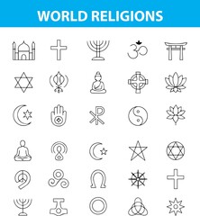 World Religions and Cultural Symbols Line Icons , Islam, Hinduism, Buddhism, Judaism, Taoism, Shinto, and More , Editable Formats: AI, EPS, JPG, PNG, and Ideal for Both Digital and Print Use
