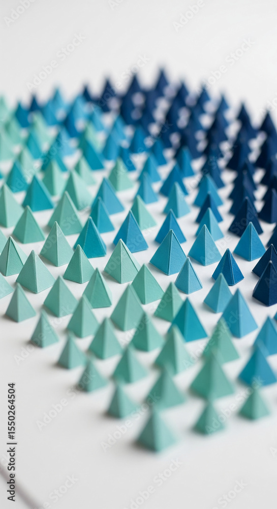 Poster numerous small teal and blue pyramids arranged in gradient pattern on white background, showcasing t