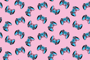 Seamless pattern with gamepads blue and pink colors. Gaming print vector design for kid textile, girl clothes, wrapping paper. Gamepads ornament