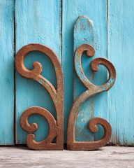 rusted iron scrollwork panels leaning on old turquoise wooden fence, romantic antique mood