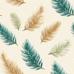 seamless antique peacock feather pattern with soft metallic accents, intricate hand-inked style, soft beige and dusty emerald color scheme