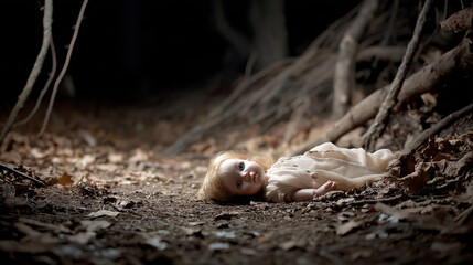 Abandoned porcelain doll resting on dark woodland trail, blue eyed figure lit by stark flashlight beam creating haunting atmosphere