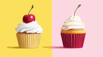 Delicious Cupcake and Cherry Flat Vector Illustration