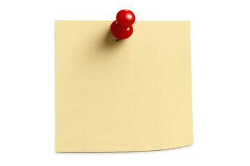 Yellow sticky note pinned with red thumbtack, floating against transparent surface, ready for writing quick reminders or messages