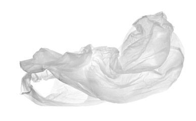  Transparent crumpled plastic shopping, grocery bag in flying isolated on white, clipping path