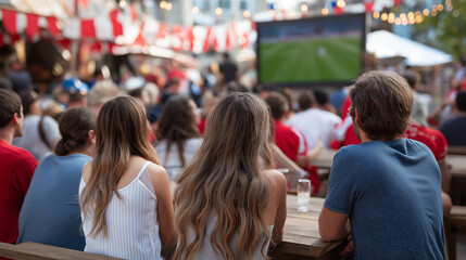 People enjoying a USA soccer match on a big screen outdoors, cheering and having drinks in a festive atmosphere