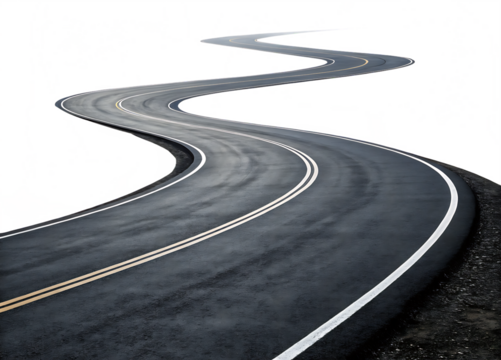 Winding Asphalt Road with Double Yellow Lines and White Edge Lines Isolated on a Transparent Background A I G E N E R A T E D - P N G