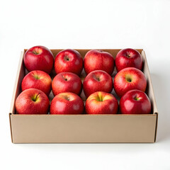 Group of red apples in a brown cardboard box. Fresh healthy fruit for a diet or healthy eating concept. Isolated on white background.
