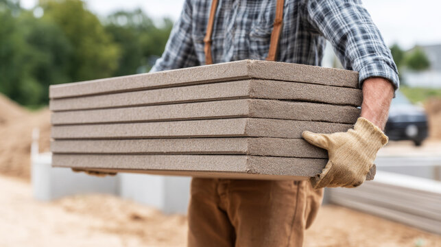 Builder carrying a stack of recycled composite decking materials on a construction site, contributing to sustainable renovation efforts
