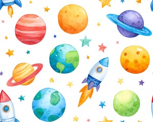 seamless watercolor pattern of space elements like planets, rockets, comets and stars, colorful galaxy palette with dreamy vibe