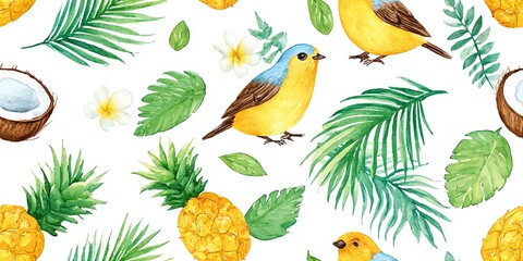 seamless watercolor pattern of tropical birds, palm leaves, coconuts and pineapples, summer jungle aesthetic, bright and cheerful