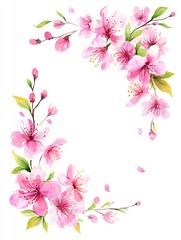 Fototapeta premium soft watercolor frame of pink cherry blossoms and delicate branches forming elegant corners, pastel sakura theme with clean center space