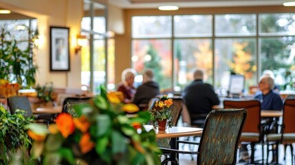 Seniors enjoy the community center cafe on a bright autumn afternoon in the United States
