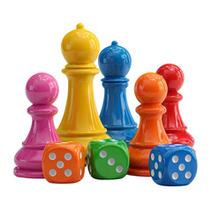 Colorful Game Night: Vibrant game pieces, including chess pieces and dice, create an inviting atmosphere. Ready for a board game night with a colorful mix of game elements.