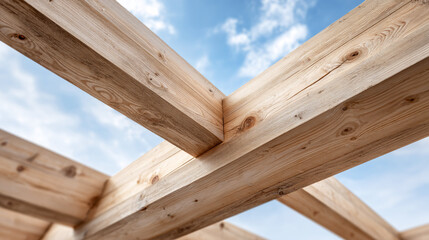 Cross laminated timber panels intersecting, creating robust sustainable roofing structure, blue sky with soft clouds framing engineered wooden architectural element