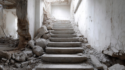 Decaying concrete staircase ascending inside derelict structure, revealing architectural deterioration and urban abandonment