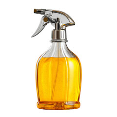 Golden Liquid in Elegant Spray Bottle: A crystal-clear spray bottle holds a golden liquid, its minimalist design accentuating the rich color within.