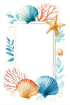 watercolor frame of seashells, starfish, and coral with soft ocean blues and sand tones, coastal beach theme with light central space