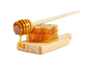 Honeycombs with honey spoon on wooden board isolated on white.