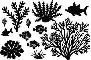 Seaweed and coral silhouettes. Underwater coral reef illustration in a hand drawn style. Illustration of marine aquarium plants.