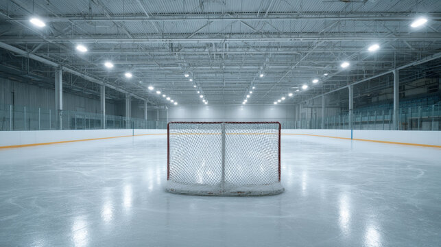 Vacant ice hockey arena glowing with fluorescent lighting, sharp focus on goalposts and boards, creating symmetrical, chilling pregame ambiance