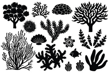 Seaweed and coral silhouettes. Underwater coral reef illustration in a hand drawn style. Illustration of marine aquarium plants.