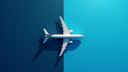 Overhead View: White Airplane on Teal and Blue Background; Minimalist Travel Concept