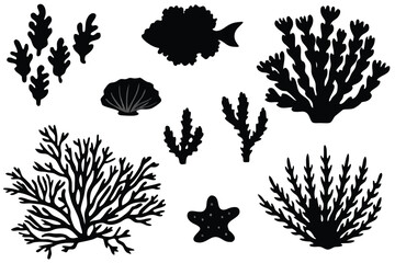 Seaweed and coral silhouettes. Underwater coral reef illustration in a hand drawn style. Illustration of marine aquarium plants.