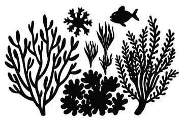 Seaweed and coral silhouettes. Underwater coral reef illustration in a hand drawn style. Illustration of marine aquarium plants.