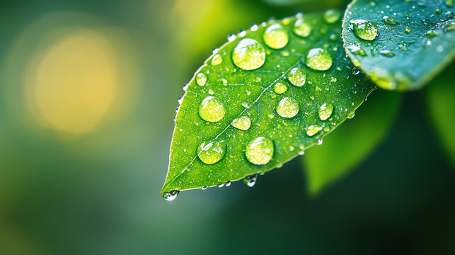Closeup of dew drops on green leaf