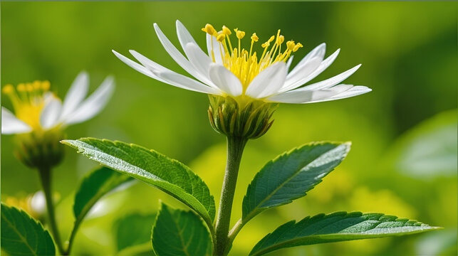 Macro of blooming moola in a forest with many details